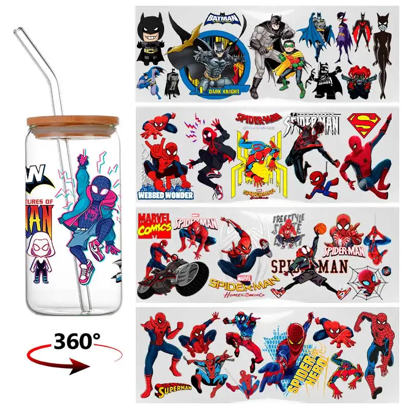마블 시리즈 스파이더맨 16온스 DTF 컵 스티커, 멋진 맞춤형 UV 전사 스티커, 아이언맨 방수 스티커
