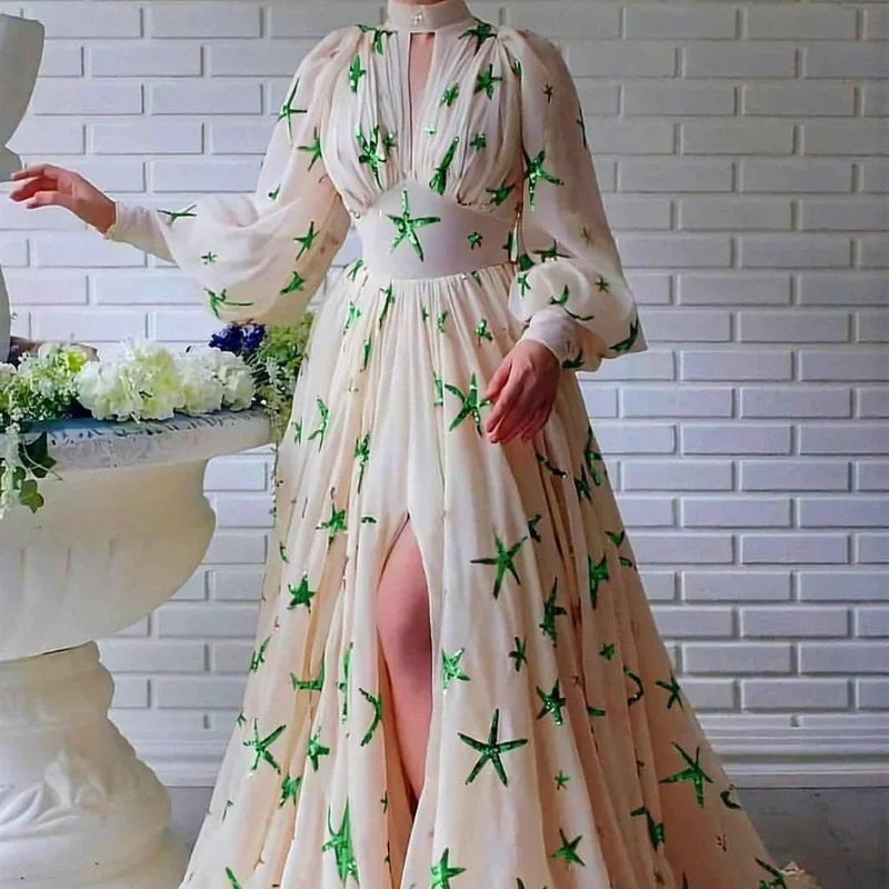 Women Autumn Winter Star Print Chiffon Evening Dress Long Lantern Sleeve Stand Collar High Waist Corset Slit Dress