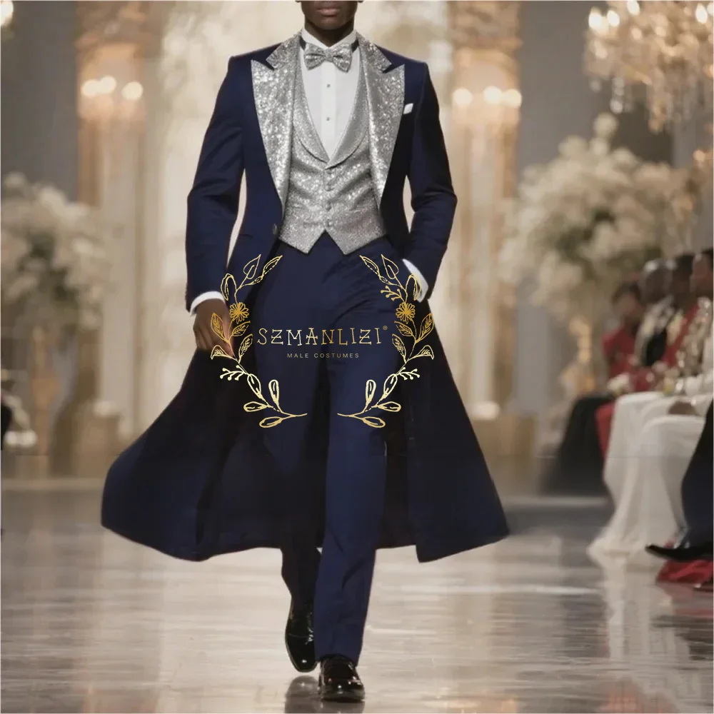 

Темно-синий деловой мужской костюм с блестящими серебряными лацканами для жениха, жениха, свадебной вечеринки, выпускного вечера, мужской смокинг, комплект из 3 предметов, длинный пиджак, жилет, брюки