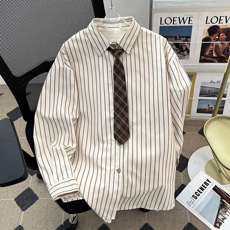 Striped Long-sleeved Shirt Preppy Style Tie Shirt Niche High-end Sense Man Korean Loose Casual Fashionable Comfortable