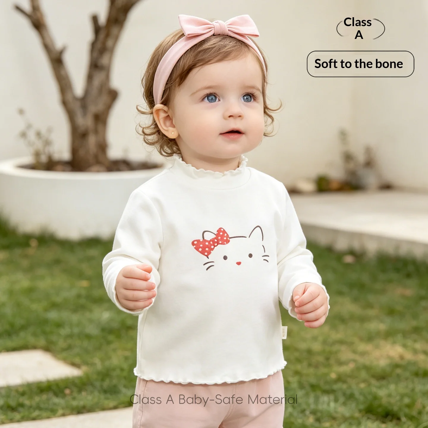 Baby Girls' Cat Lace Collar Tee, Grade A Cotton Long-Sleeve Top, Soft Frilled Neckline, Versatile Spring/Autumn Undershirt