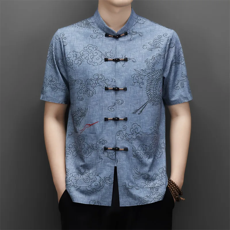 Crane Lucky Cloud Print Shirts For Men Short Sleeve Frog Button Summer Quality Tang Costume Softness Exquisite Camisas De Hombre