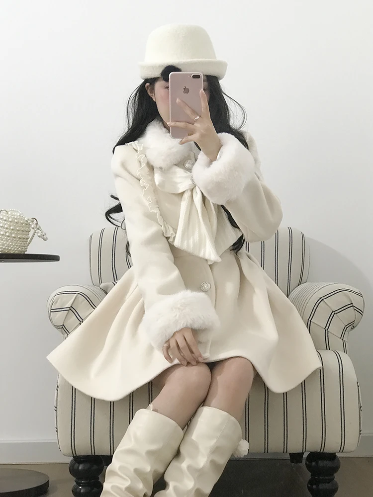 

Шерстяное пальто с кукольным воротником Ele, женское осенне-зимнее твидовое пальто средней длины, корейское длинное све, полиэфирное волокно