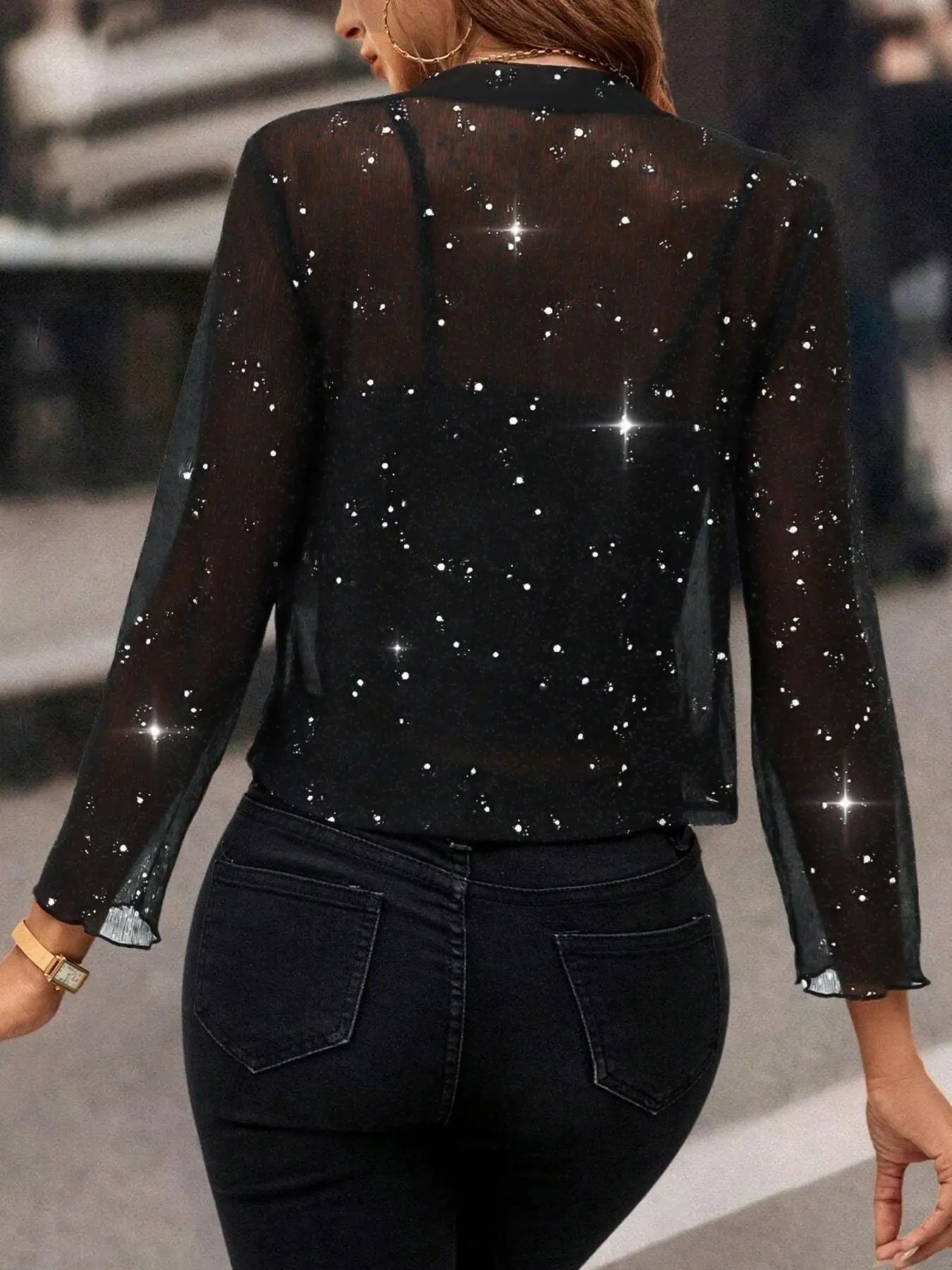 Ladies Lightweight Shiny Star Open Front Top - Luminous Mesh 3/4 Sleeve Party Date Night Cover up