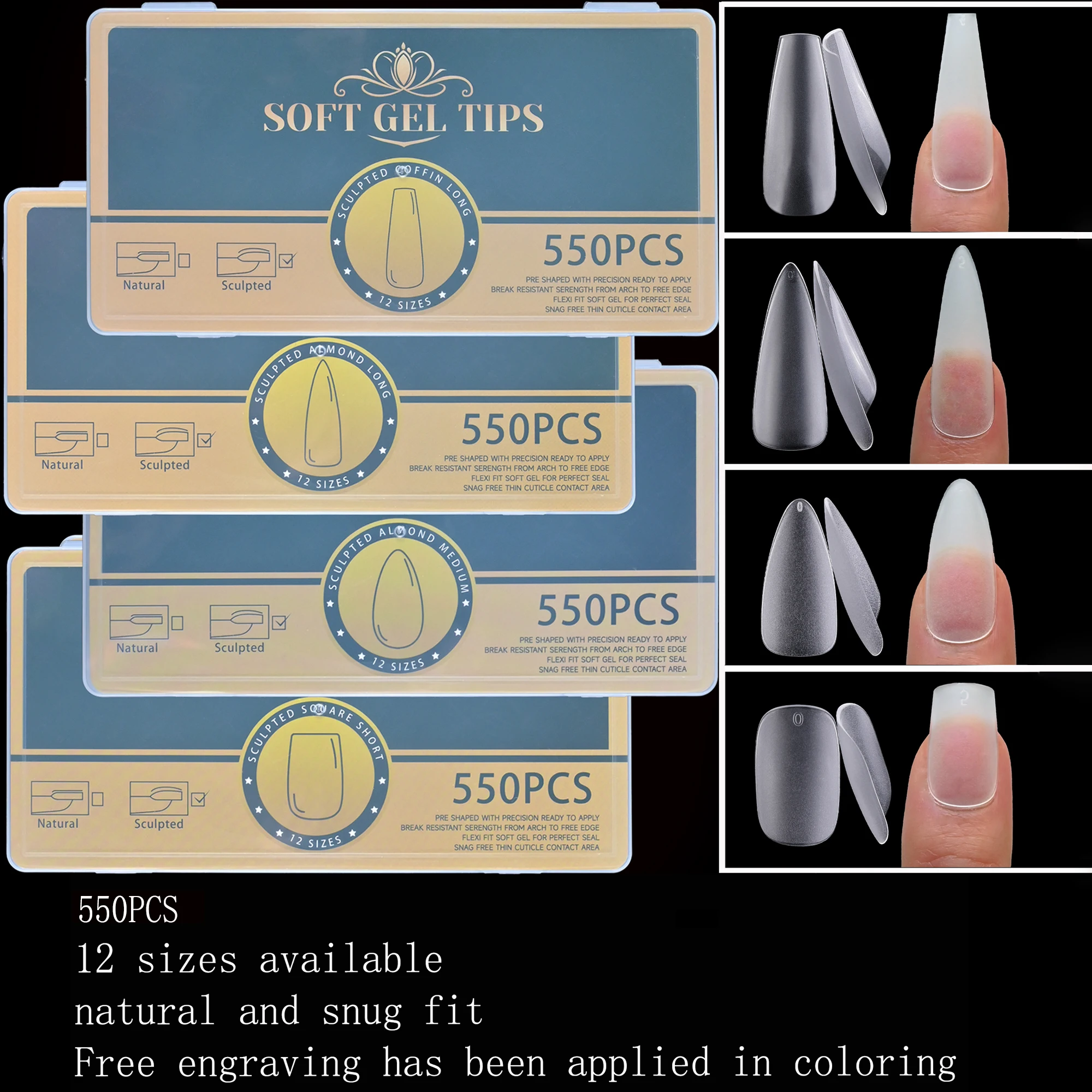 

550 штук акриловых накладных ногтей-гробиков 12 размеров | Длинные накладные ногти в стиле френч с полупрозрачным покрытием | Матовый ультратонкий бесшовный дизайн без полировки