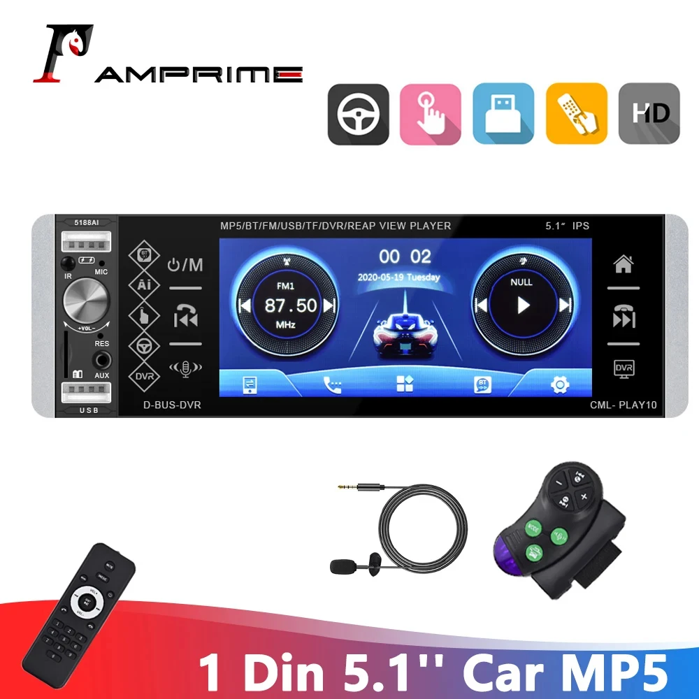 AMPrime 1 Din 5.1'' HD Touch Screen Car MP5 Radio Video Support FM AUX 4 USB SD DVR Subwoofer Connect Steering Wheel Learning