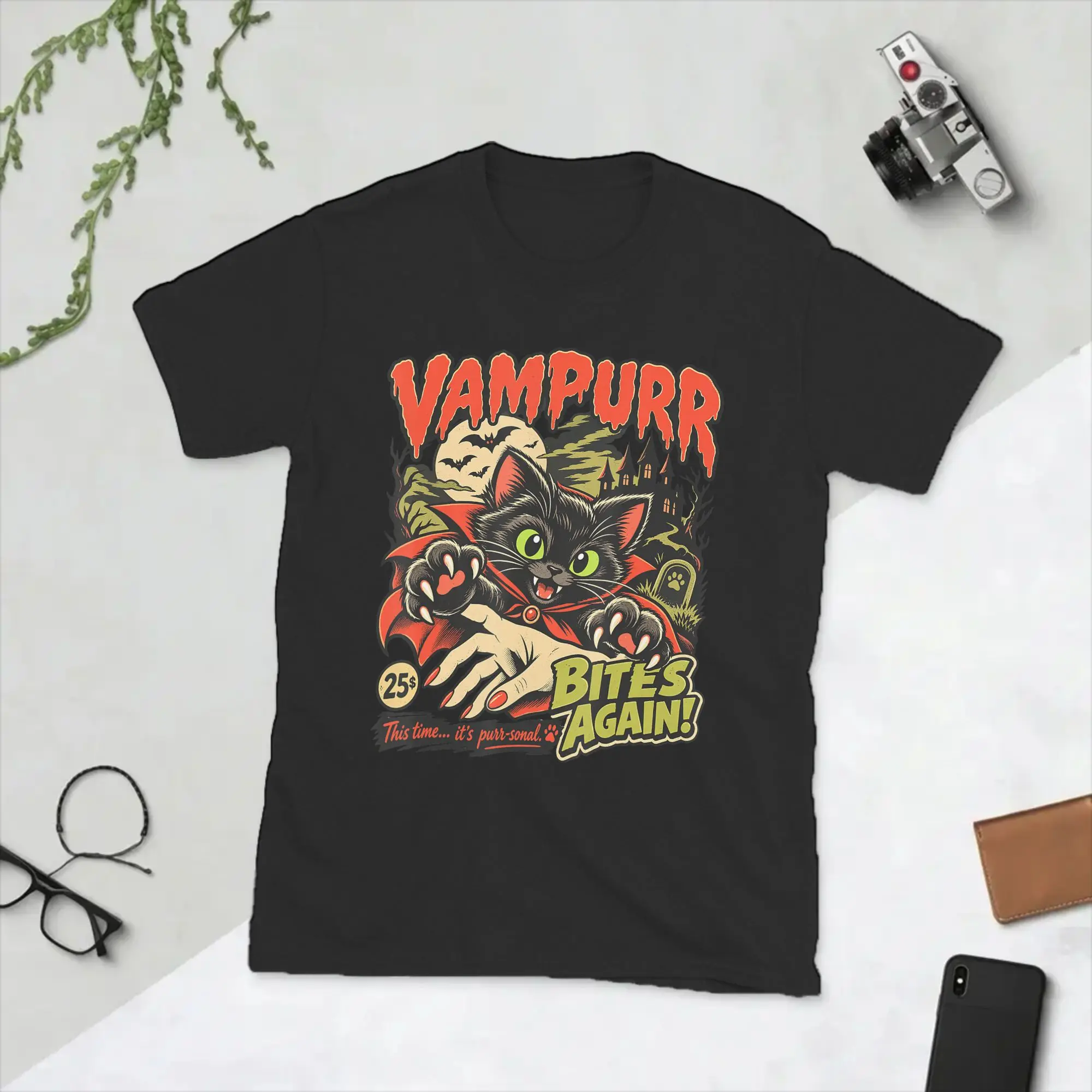 Vampurr Bites Again Halloween Vampire Cat T Shirt Men Pure Cotton  T-Shirts Crewneck  Tee Shirt Short Sleeve Clothing Summer
