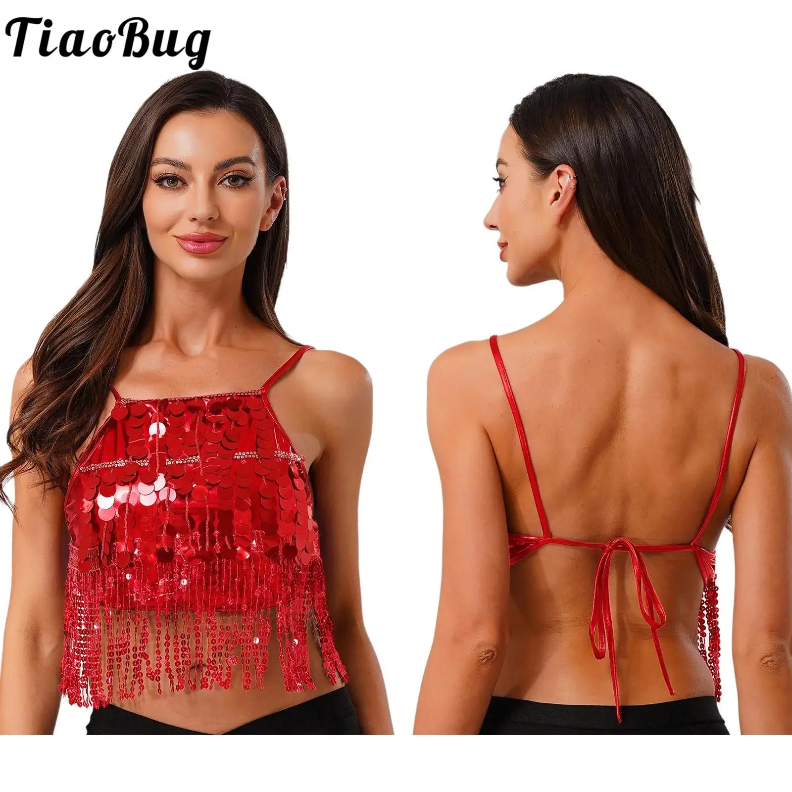 

Women Metallic Shiny Belly Dance Crop Top with Sequin Tassel Backless Lace-up Sparkly Top for Dance Class Performance Folk Dance