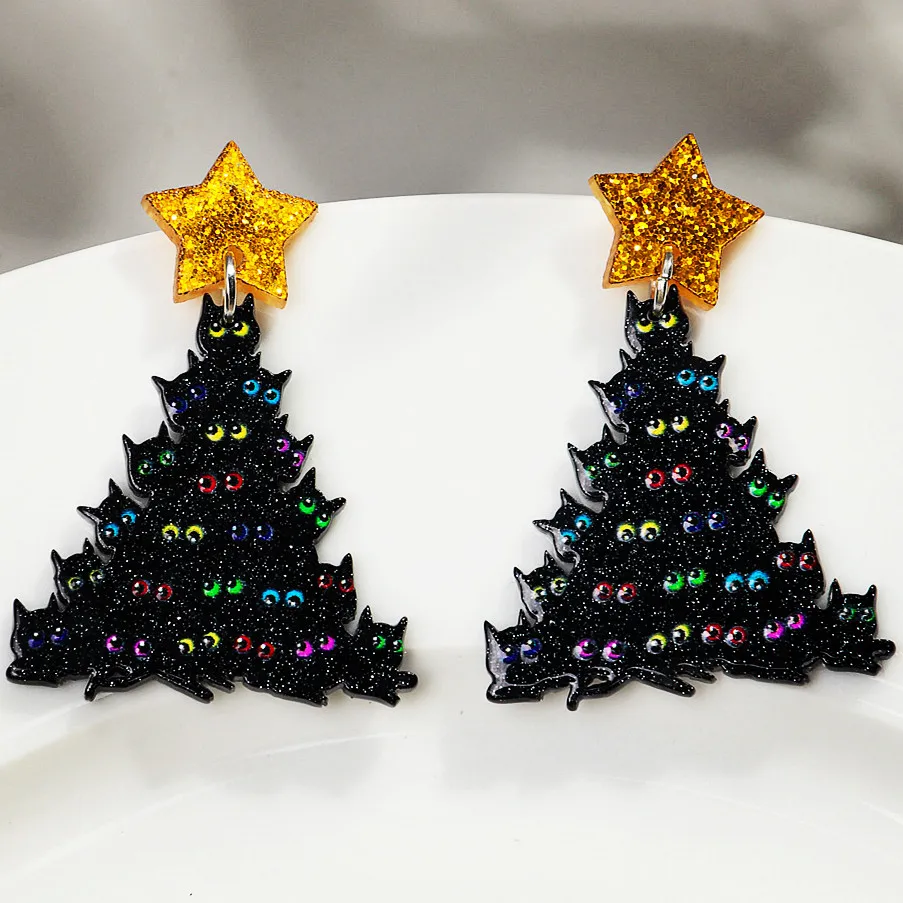 New Christmas Tree Cat Eyeballs Star Acrylic Earrings Pendants for Women Funny Xmas Tree Eyes Drop Earring Halloween Jewelry