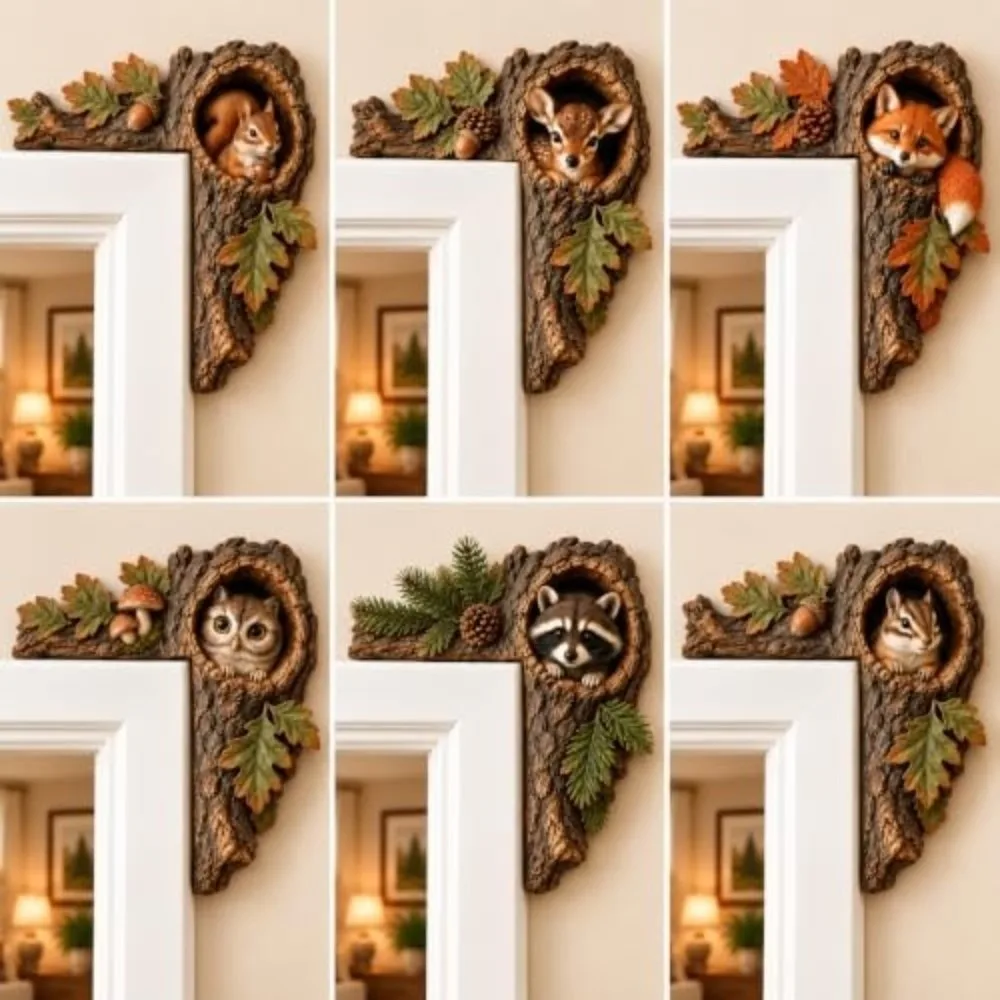 2D Chipmunk Tree Hollow Door Topper Wooden Bark Texture Squirrel Owl Wooden Door Frame Sign Oak Leaf Acorn Door Topper