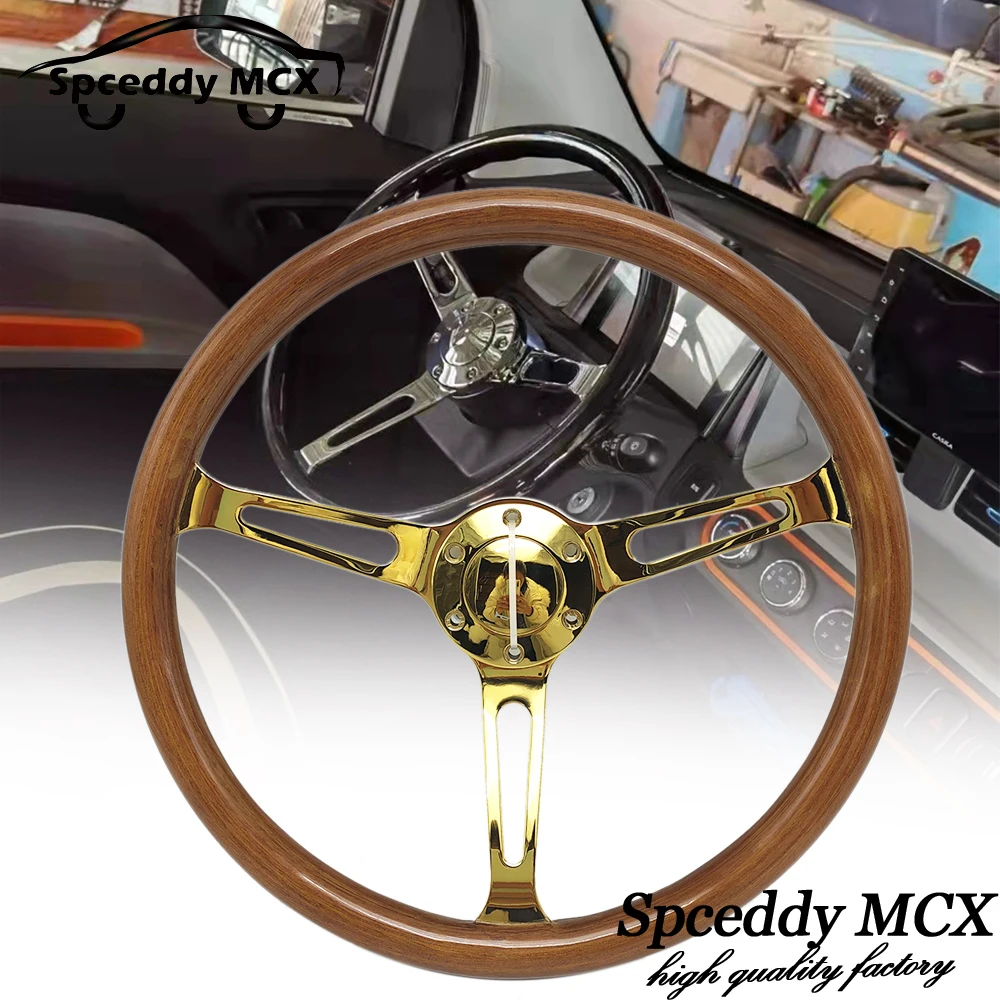 15 Inch Genuine Solid Wood Steering Wheel 380mm Long Hole Silver Chrome Iron Spoke Real Wooden Vintage Car Steering Wheel