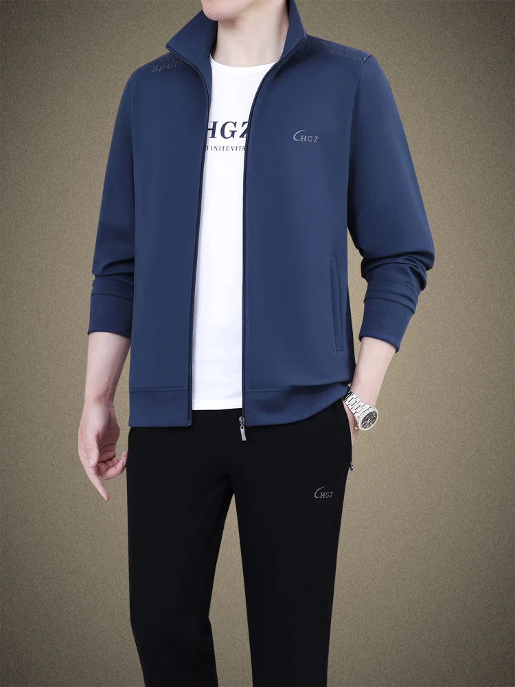 

Мужской повседневный спортивный костюм для весны и осени: куртка и брюки для бега, хлопок, нейлон, полиэстер, эластичное волокно, для мужчин среднего возраста