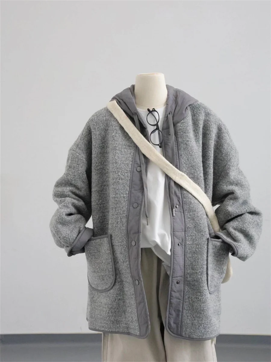 

Европейский дизайн Sense, лоскутное шерстяное хлопковое пальто с капюшоном, мужское осенне-зимнее свободное универсальное хлопковое пальто средней длины