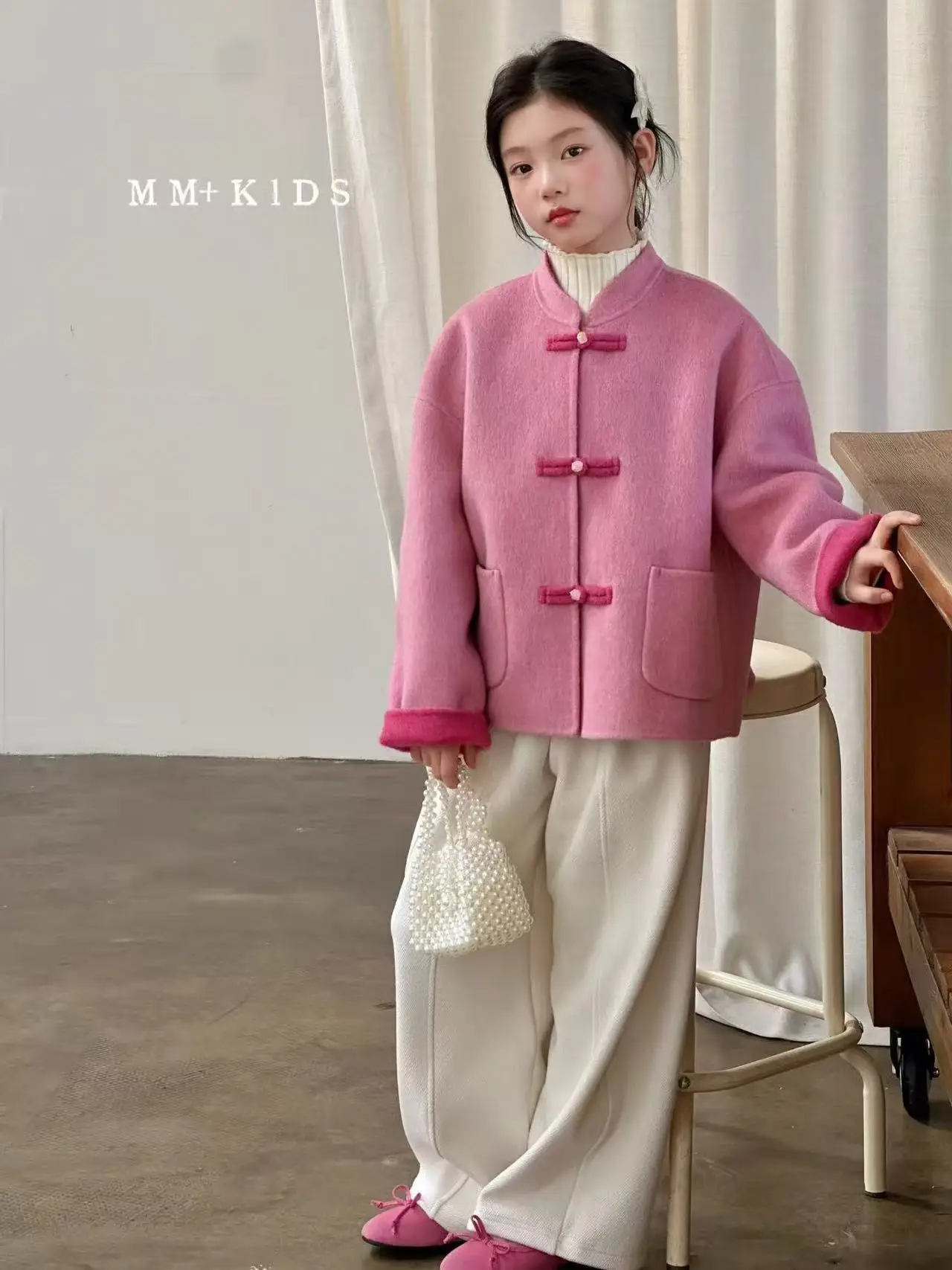 New Winter Woolen Coat for Big Kids Girls Traditional Chinese Style Autumn Winter Children Outerwear Fashionable Jacket