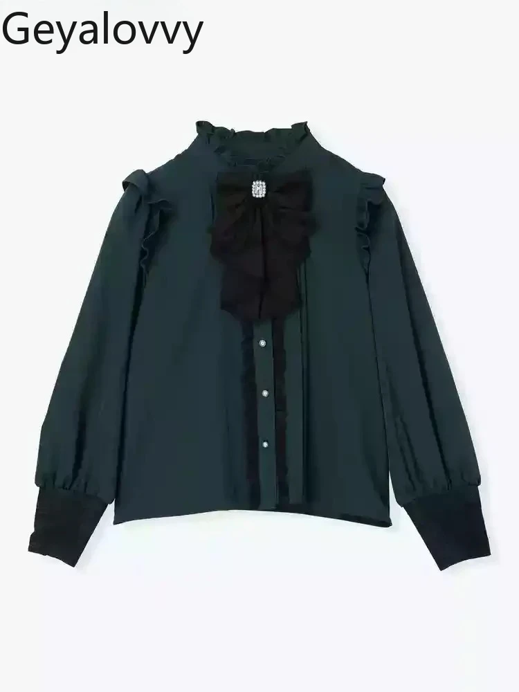 

Spring and Autumn New Products Sweet Cute Mine Tops Removable Bow Stand-Up Collar Blouse Solid Color Long Sleeve Shirt