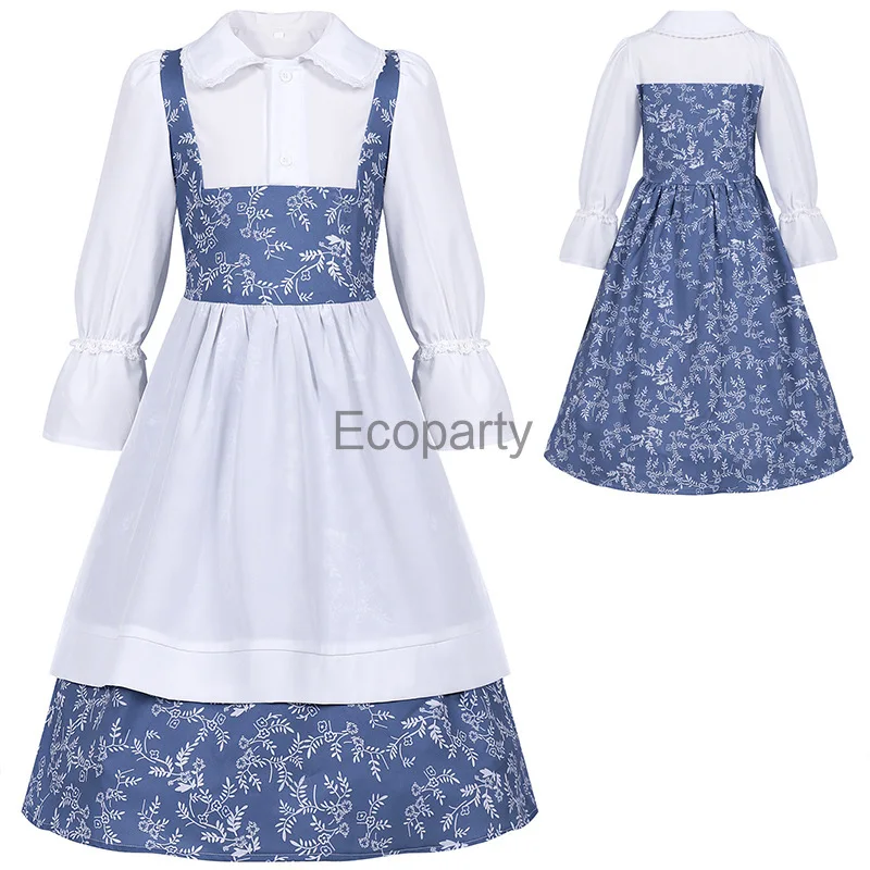 Kinderen Middeleeuwse Renaissance Civiele Kostuum Vintage Europese Kolonisatie Civiele Jurken Voor Meisjes Kinderen Blauwe Meid Outfits