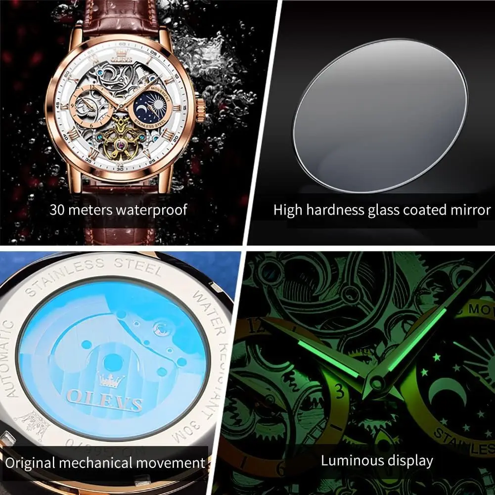 ساعة هيكل عظمي أوتوماتيكية للرجال بمينا السماء المرصعة بالنجوم، ساعة يد فاخرة مضيئة مقاومة للماء