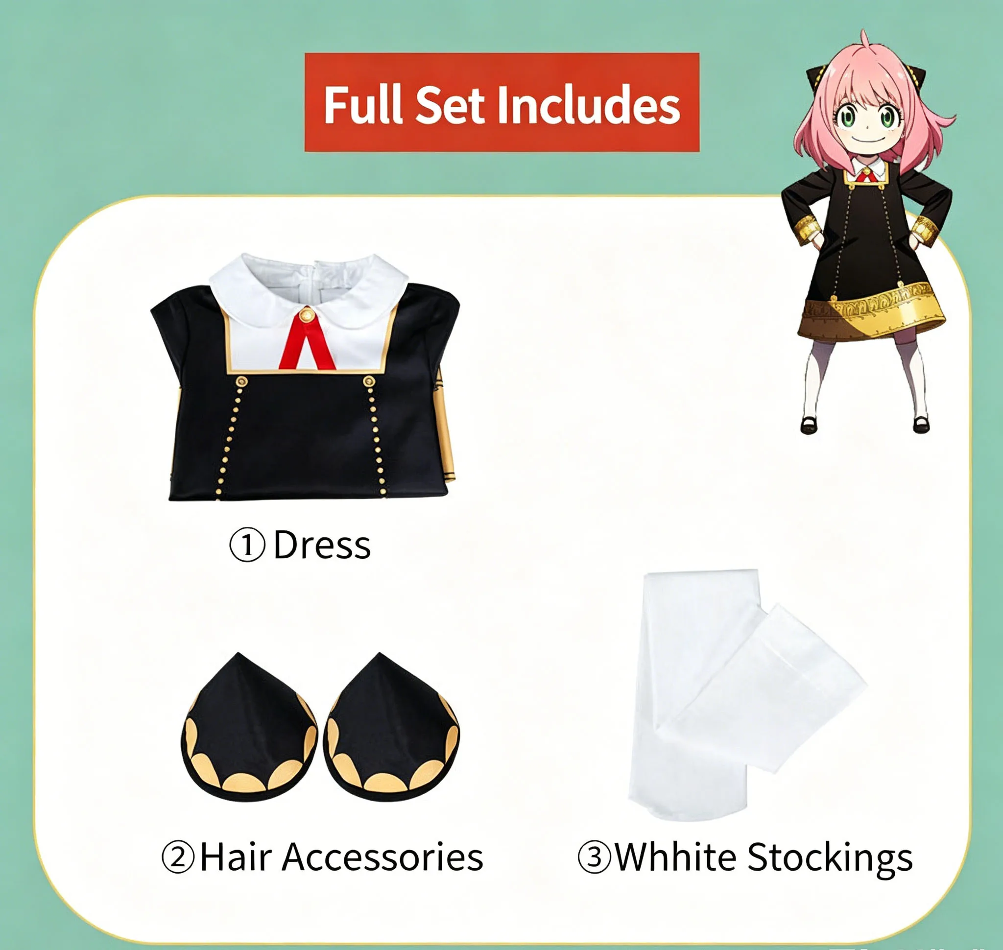 Spy X Family Anya Forger Cosplay Costume Black School Uniform Dress Wig Socks Headdress Shoes Full Set Halloween Outfit view 6