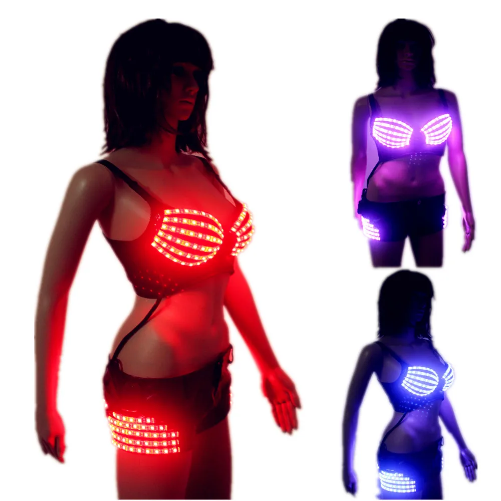 LED Bra Women Fashion Nightclub Mini Leather Shorts for Luminous Led bra underwear belly dance