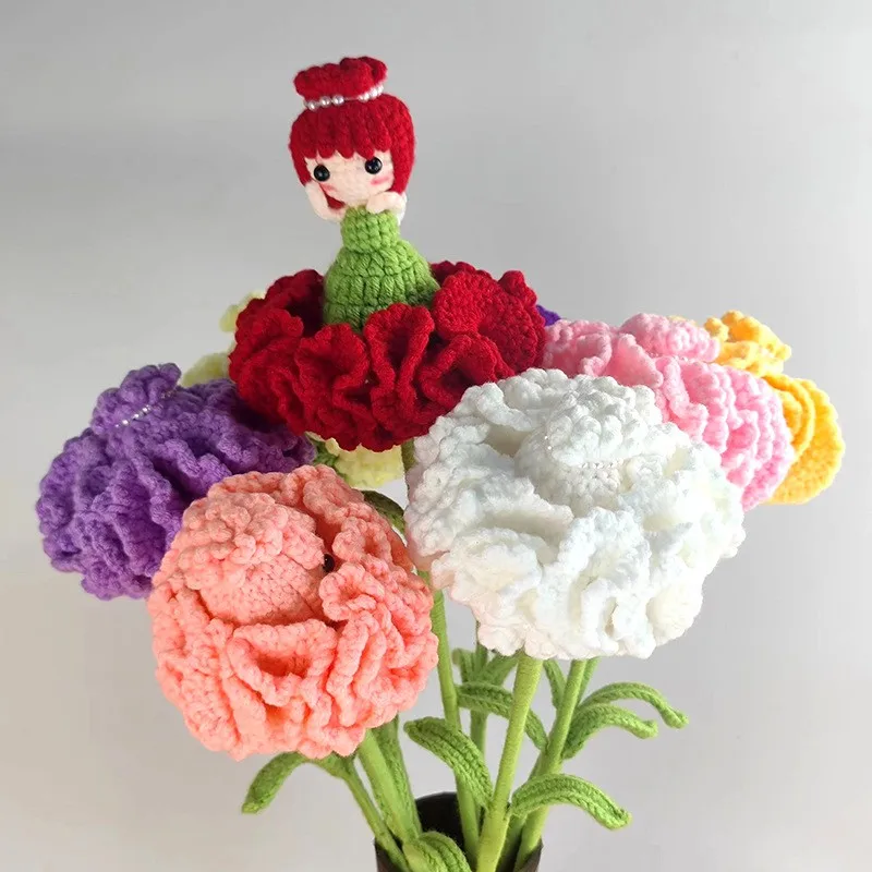 Handmade Crochet Carnation Fairy Home Decoration Fake Flower Decoration Hook Weaving Bouquet Ornament Cute Flowers