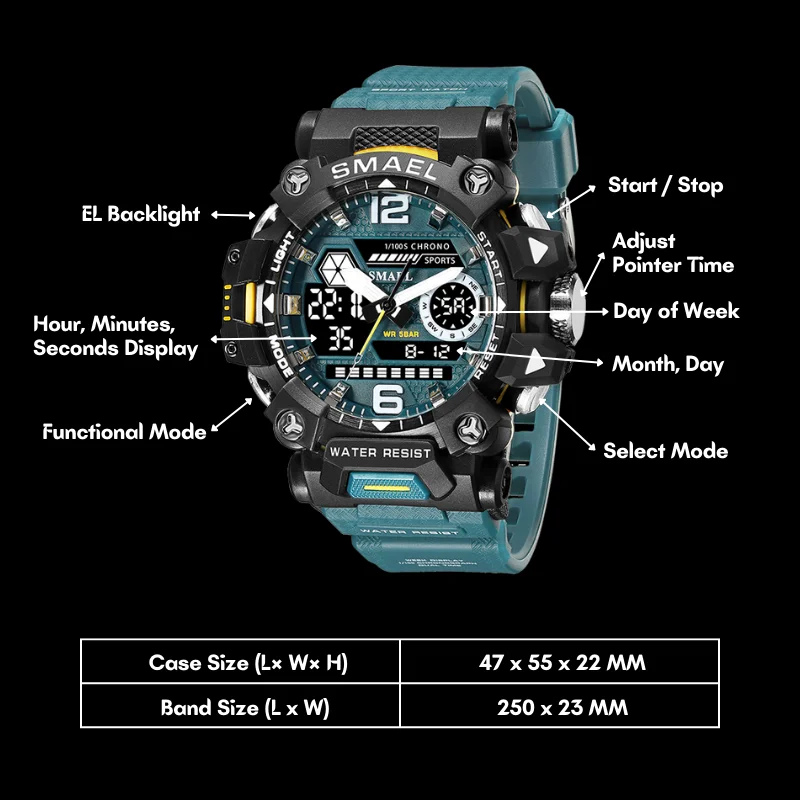 SMAEL 8072 Men Waterproof Watches Janpenese Quartz Chronograph Heavy-Duty Watch Men Alarm Electronic Wristwatch reloj de hombre