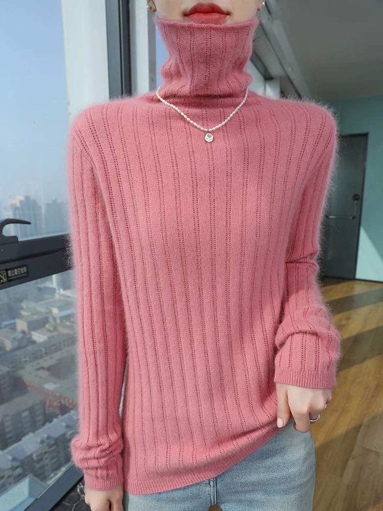 Herbst Merino Wolle Stricken frauen Pullover Rollkragen Streifen Einfarbig Aushöhlen Nerz Pelz Pullover Lange Ärmeln Weiche Tops