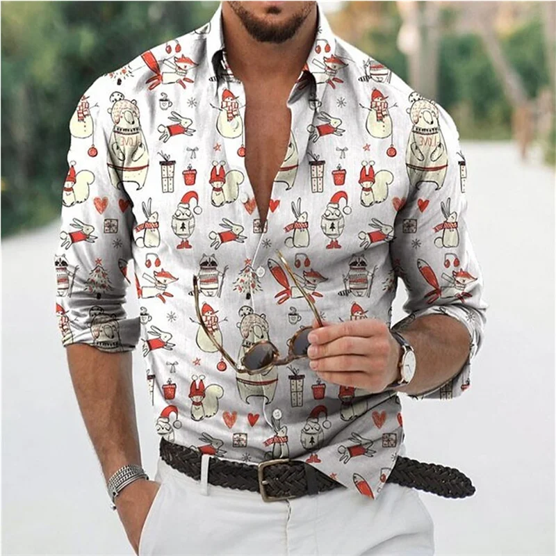 Fun Christmas Snowman Theme 3D Printed Men\'s Casual Long Sleeve  Shirts Streetwear Tops Unisex Holiday Party Hawaiian Shirts