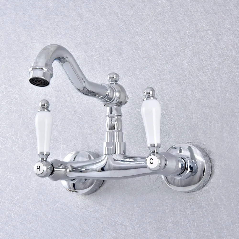 

Silver Polished Chrome Brass Wall Mounted Dual Ceramic Handles Levers Kitchen Bathroom Vessel Sink Faucet Mixer Taps asf774