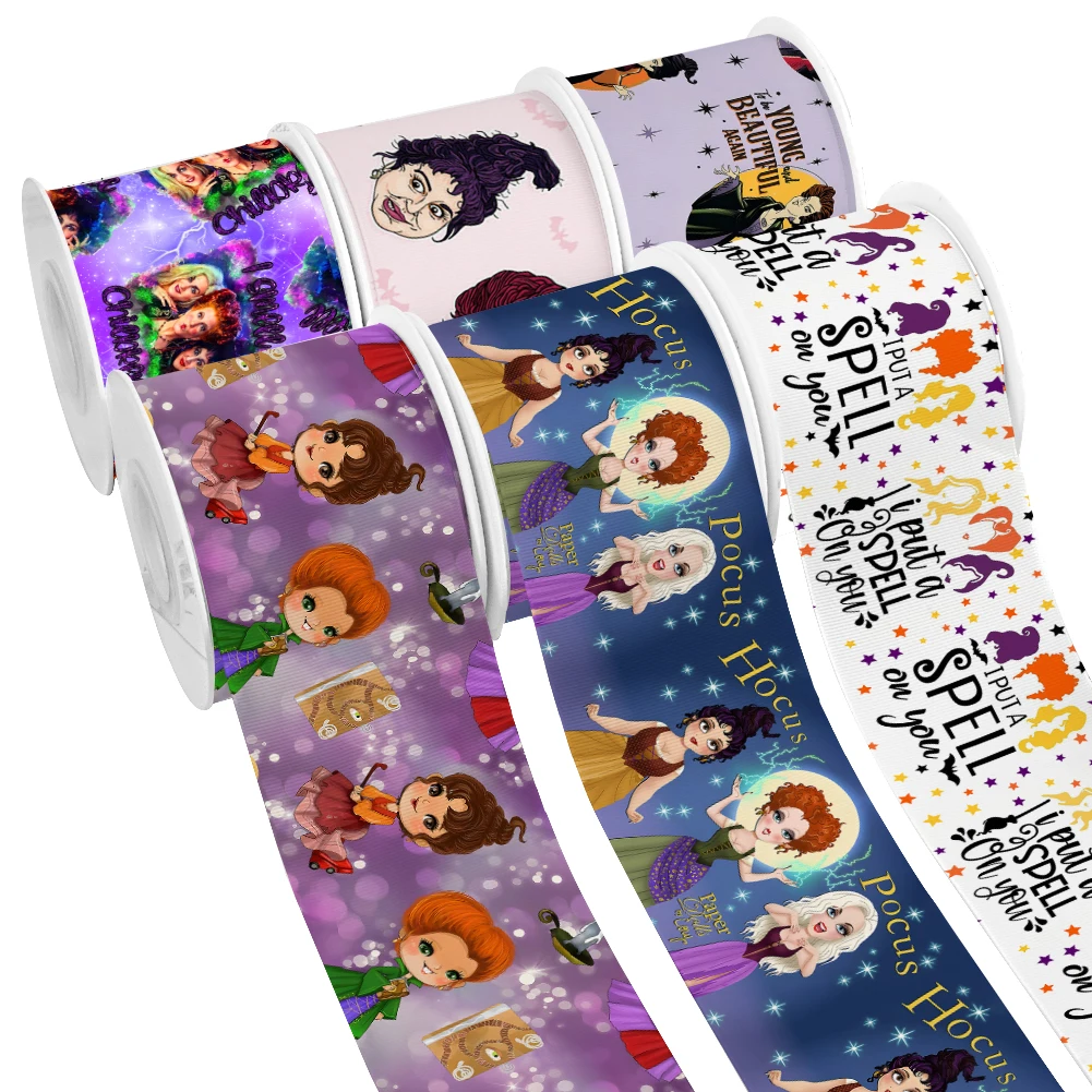 Disney Character Cartoon Halloween Hocus Pocus  Design Printed Grosgrain Satin Ribbon for Gift Wrapping Hair Bow 50 Yards