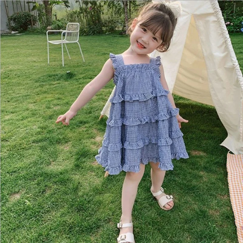 

New Girls' Summer Plaid Dress Children's Cake Dress Baby Girl Skirt Children's Summer Clothing Suspender Dress