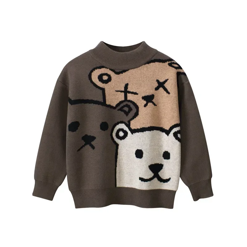 Cartoon Bear Children's Sweater 2024 Winter Clothes Boys Girls Knitwear Fashion Long Sleeve Turtleneck Jumper Top Kids Outfit