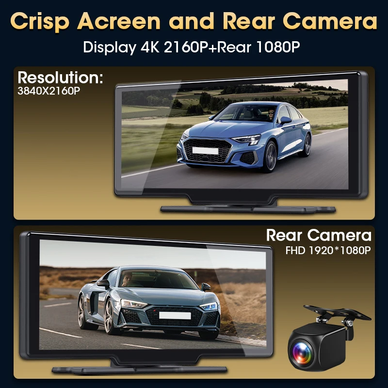 Srnubi 10,26 "cámara de salpicadero inalámbrica Carplay y Android Aut 4K DVR reproductor de navegación grabadora de doble lente tablero WIFI 5.0BT