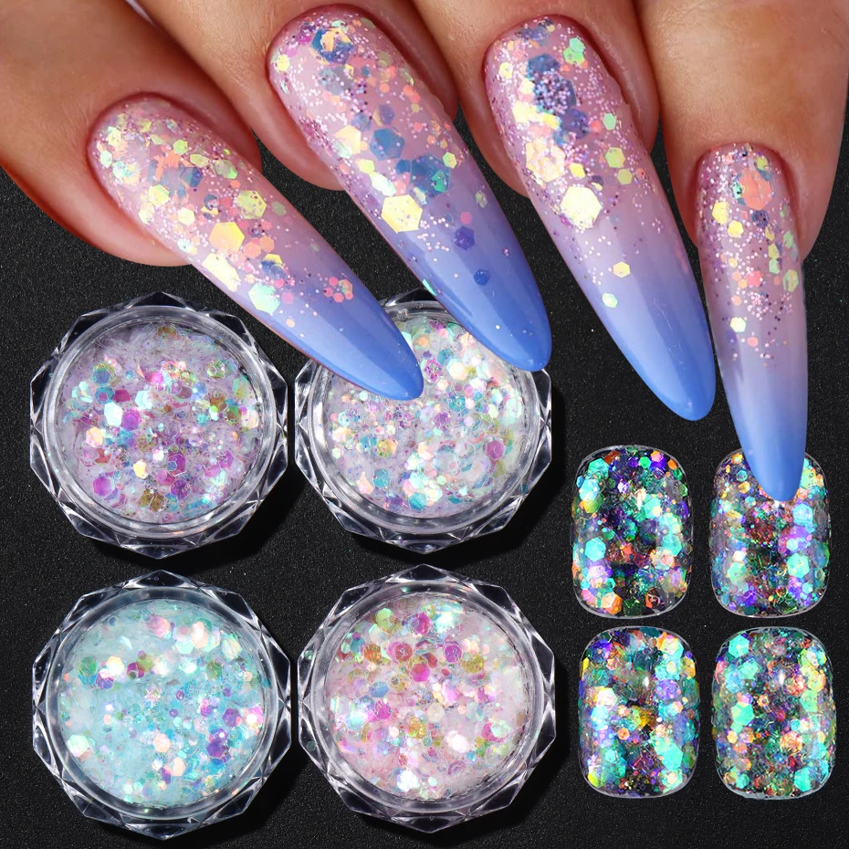 4 個虹色マーメイドネイルスパンコールグリッターフレークピンクブルーオーロラパウダーネイルアートグリッターネイルチャーム装飾マニキュア