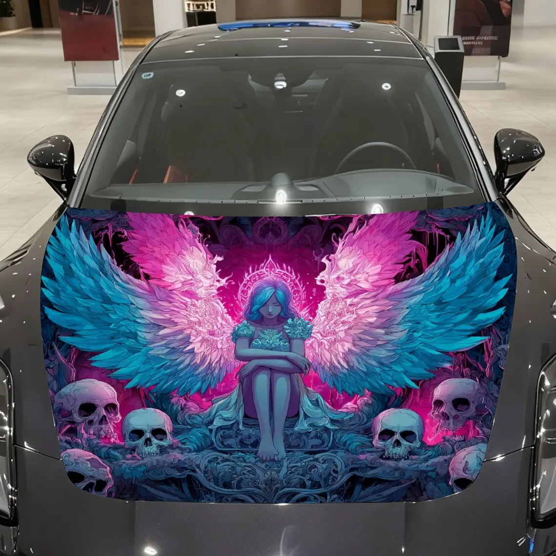 

Colorful Wings Girl and Mysterious Skulls Car Vinyl Wrap, PVC Material Waterproof Car Hood Sticker, Self-Adhesive Scratch-Resist