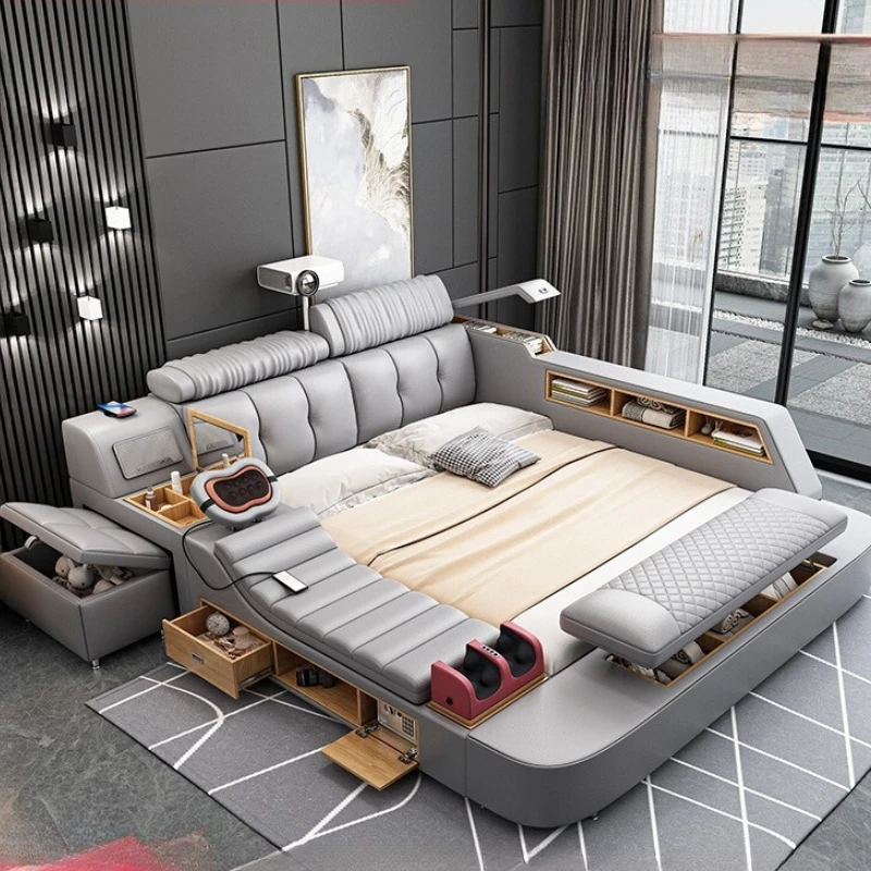 

Luxury Adults Frame Leather Bed King Size Massage Modern Storage Bed Tatami Adjustable Muebles Para El Hogar House Accessories