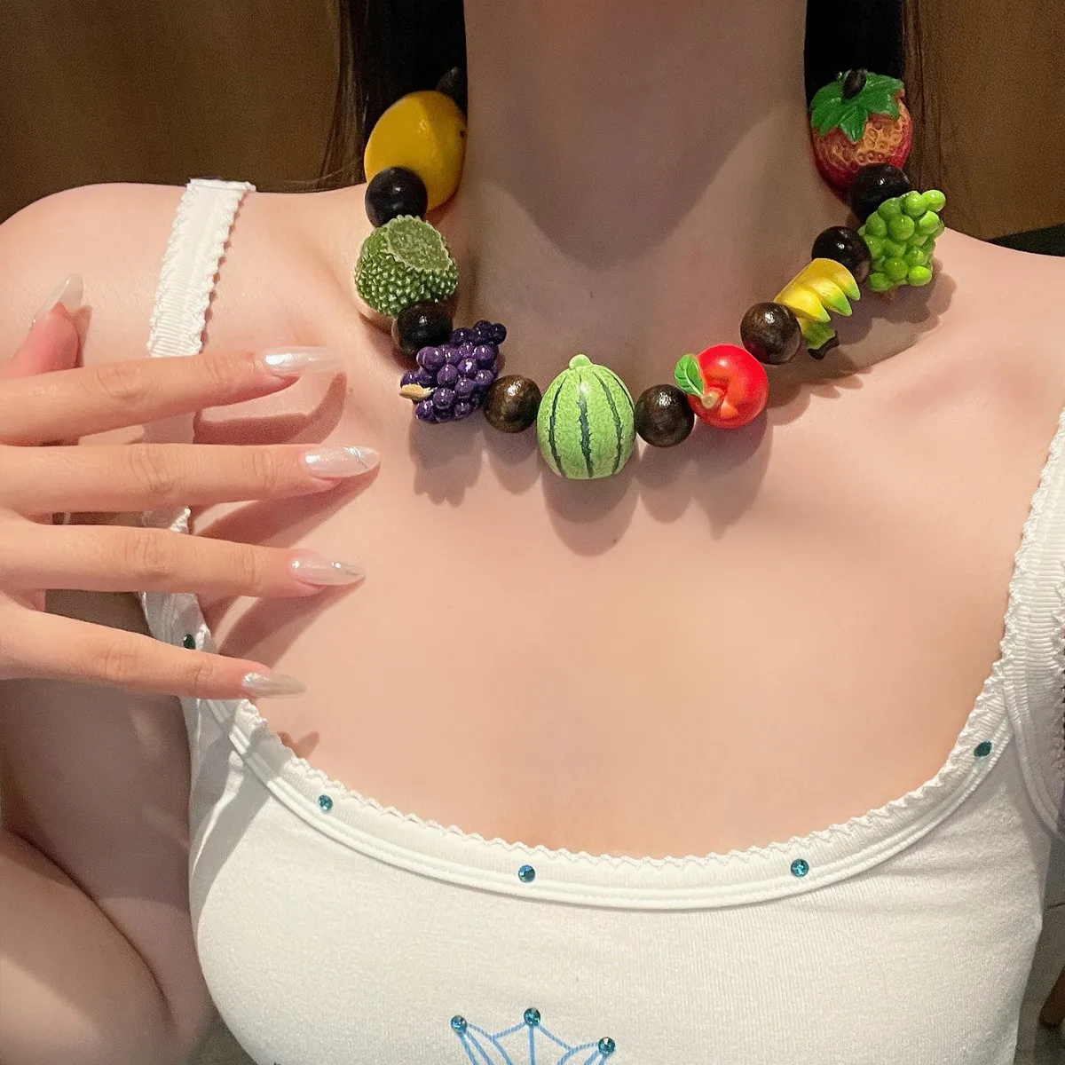 New Summer Dopamine Fruit Beaded Necklace Sweet Cool Y2K Spicy Girl Style Cute Dainty Collarbone Chain Sweet Jewelry for Women