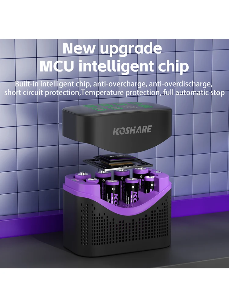 KOSHARE 8-gniazdowa inteligentna ładowarka o stałym napięciu 1.5V z wyświetlaczem LCD do akumulatorów litowych AA/AAA 4255mWh 1100mWh — zdjęcie produktu 7
