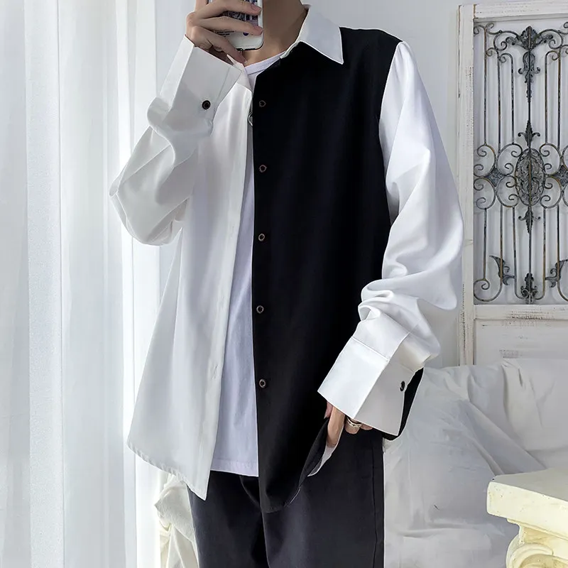 

Men's Black and White Patchwork Shirt French Casual Fashion Contrasting Color Shirts Simple Designer Lapel Single Breast Blouse