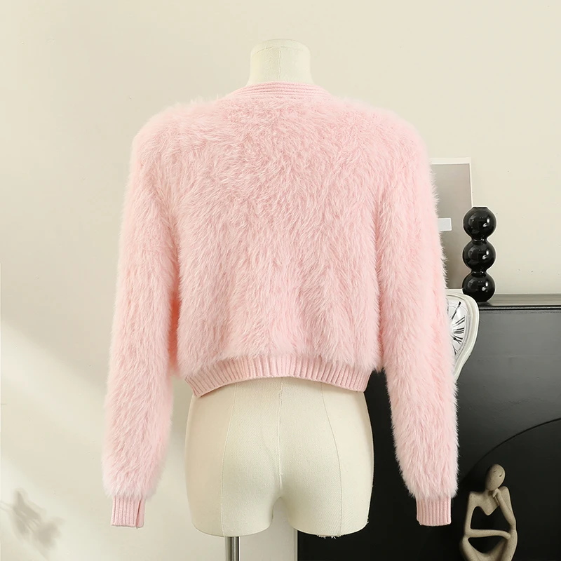 Heart Button Plush Soft Sweater Coat 2023 Autumn/Winter New Women\'s Fashion Shiny Diamond V-Neck Short Knitted Cardigan Top