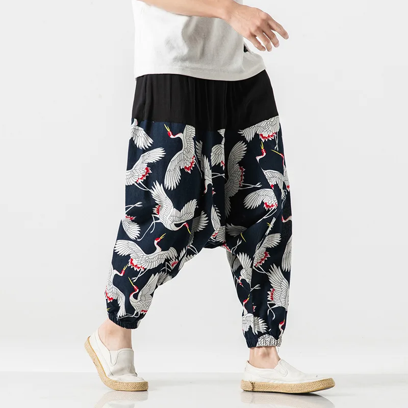 Harem Pants Men Linen Pants Fashion Casual Chinese Crane Print Trousers Male Harajuku Loose Pants Men