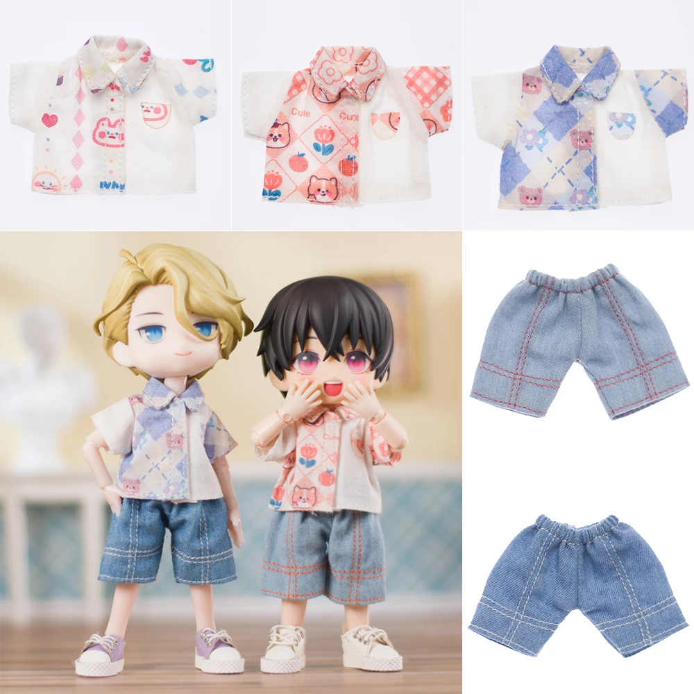 Handmade Ob11 Dolls Short Sleeve Shirt Clothes Doll Denim Shorts Accessories For YMY, Penny, Obitsu11, Molly,1/12 Bjd Doll