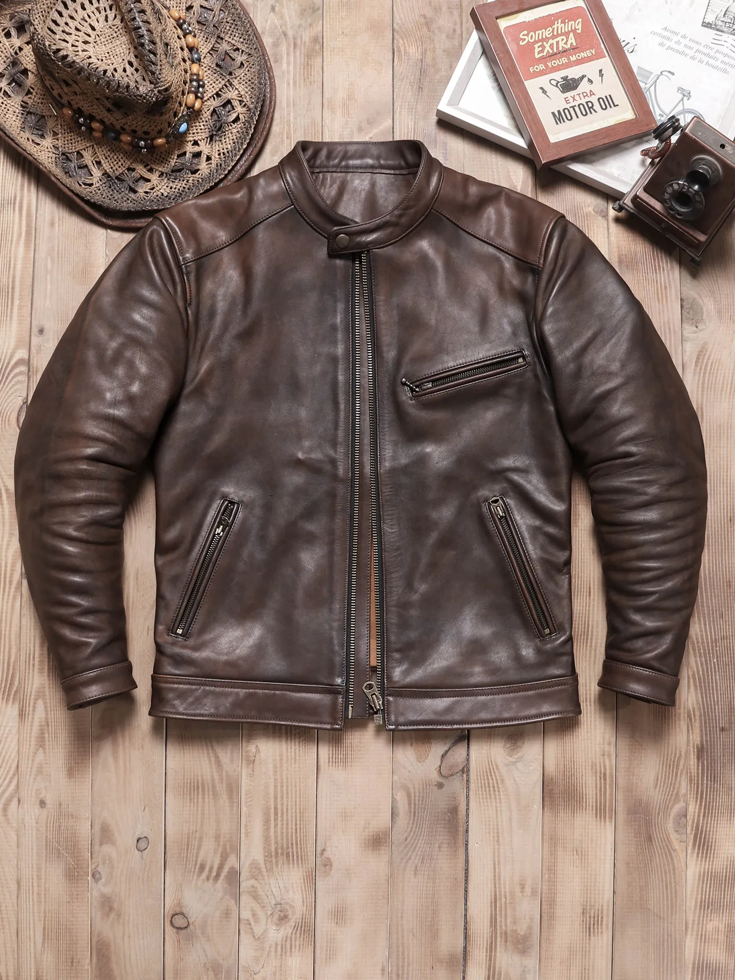 Tailor Brando Vegetable Tanned Teacore Cowhide Distressed Retro Men's Genuine Leather Biker Jacket