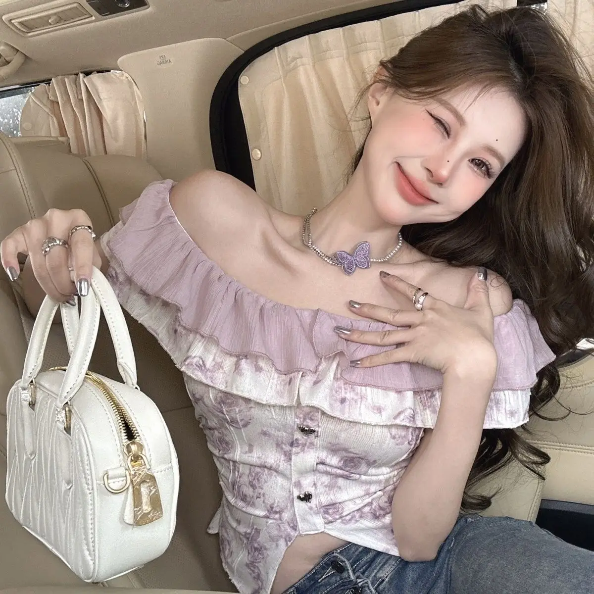 

Women Pure Hot Girl One Shoulder Double-layer Ruffled Floral Unique and Beautiful Top French Short Shirt