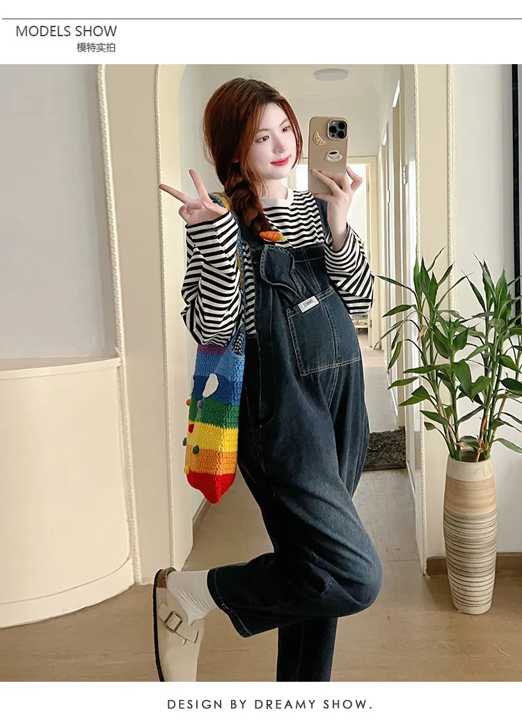 Vintage Denim Maternity Jeans Clothes for Pregnant Women 2024 Spring New Wide Leg Loose Pregnancy Overalls Harem Pants Jumpsuits