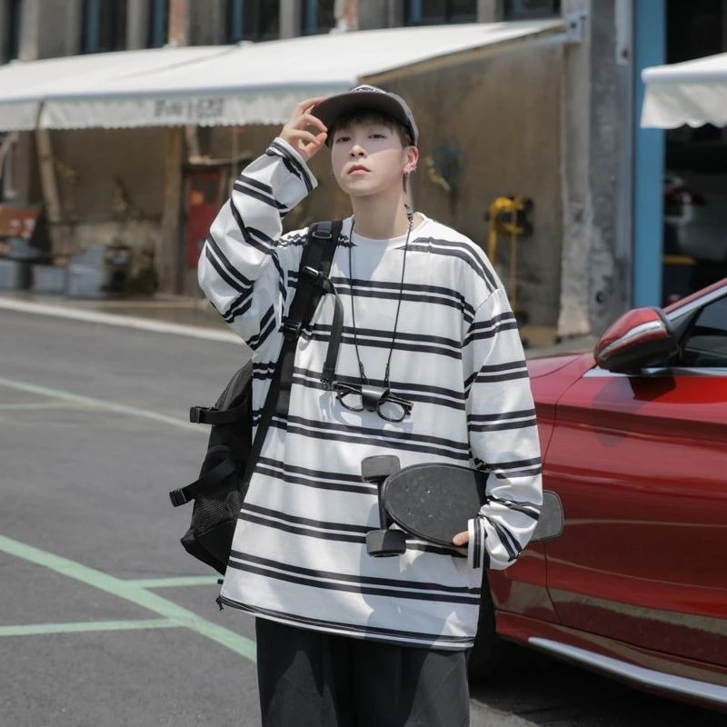 

Мужская футболка свободного кроя с длинным рукавом, весна-осень 2026, в полоску, с круглым вырезом, базовый слой, модный, в стиле Ins, гонконгский стиль, комплект для пар