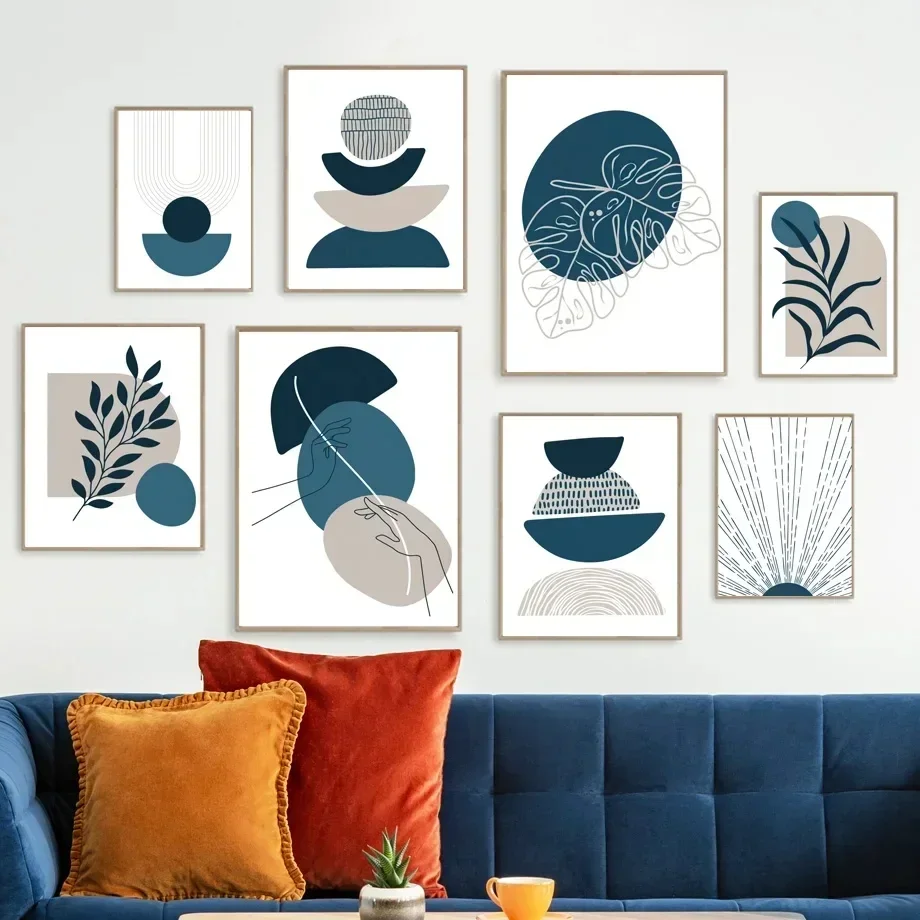 Grau Indigo Blau Boho Abstrakte Sonne Regenbogen Mond Blatt Pflanze Poster Wand Kunstdruck Leinwand Malerei Moderne Zimmer Dekoration