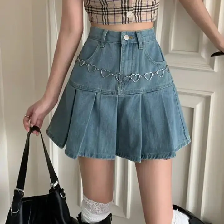 

Denim Mini Skirt High-Waiste Women Summer Casual 2022 Harajuku Y2K Pleated Skirt Blue Japanese Korean Style Fashion Clothing New