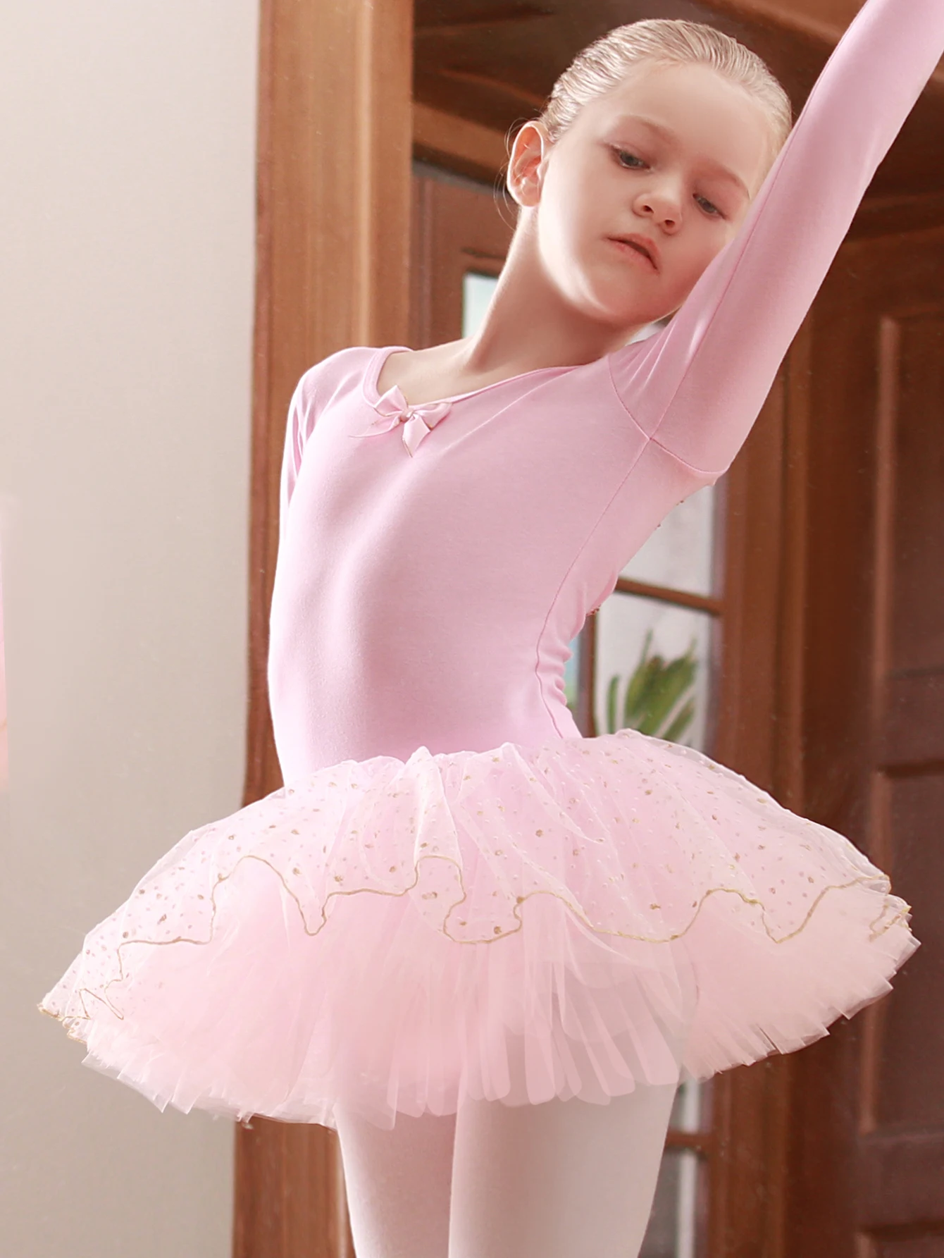 Vestido de baile de ballet de manga larga para niña, malla de tul de encaje con pajarita, medias para niños, ¡Perfecto para práctica y actuación!