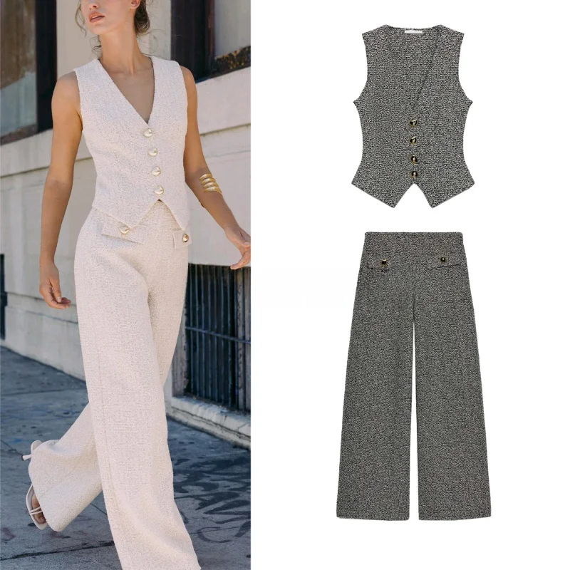 V-Neck Sleeveless Texture Long Vest 5039215 High Waist Wide Leg Texture Pants 5039216 Casual Style Four Seasons Adult Women's...