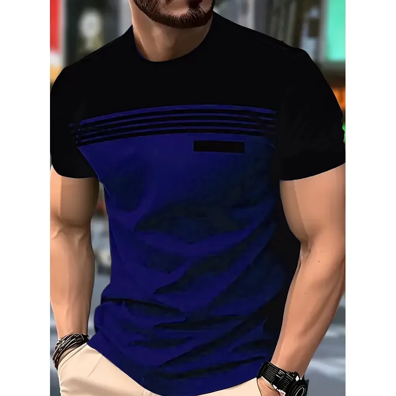 Men Contrast Color Horizontal Stripe Splice Short Sleeve T Shirt Crew Neck Daily Casual Tees 2026 Fashion Summer Top